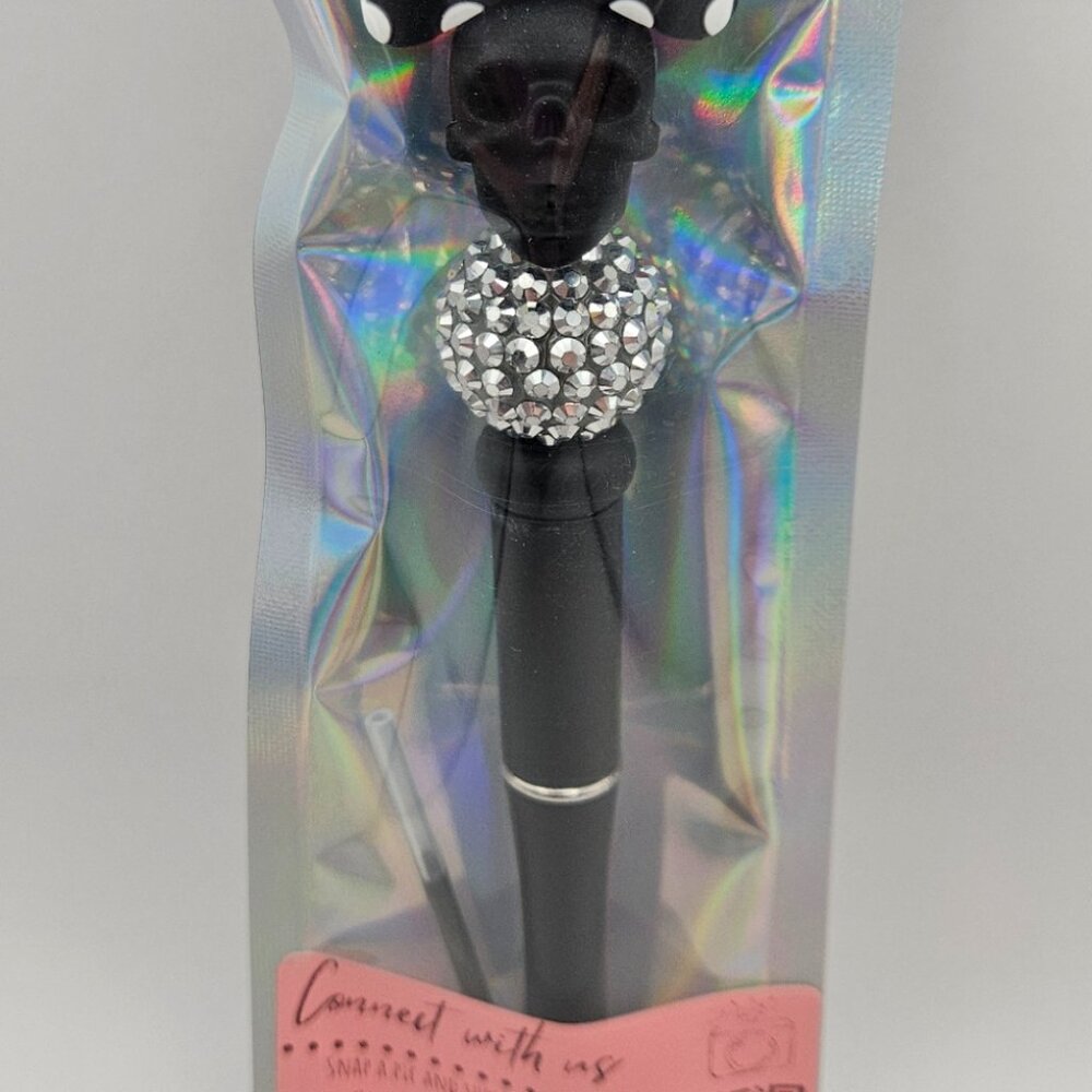 Black Beaded Pen w/ Skull, Bow, Rhinestones / Spare Ink Cartridge - Handmade - Picture 2 of 2